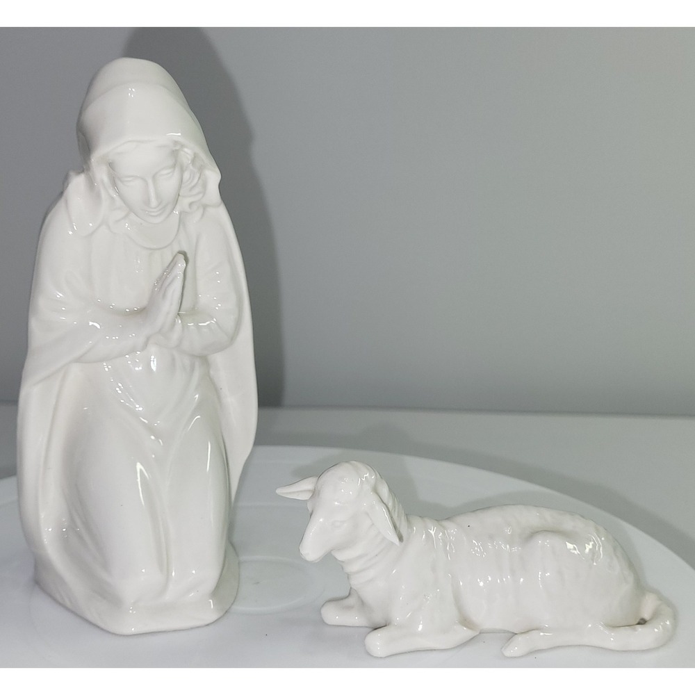 Dresden Nativity Porcelain Figurines White Glazed Mary and Lamb West Germany Vtg